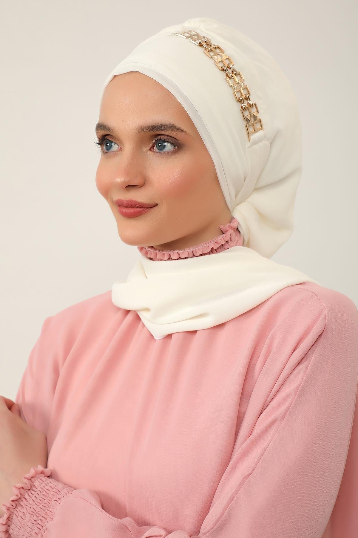 Stylish Instant Turban with Elegant Gold Chain Detail made from High Quality Chiffon Fabric, Breathable Headscarf Turban For Women,HT-28 Ivory