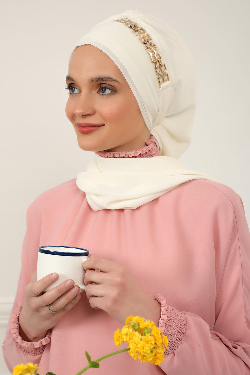 Stylish Instant Turban with Elegant Gold Chain Detail made from High Quality Chiffon Fabric, Breathable Headscarf Turban For Women,HT-28 Ivory