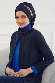 Stylish Instant Turban with Elegant Gold Chain Detail made from High Quality Chiffon Fabric, Breathable Headscarf Turban For Women,HT-28 Navy Blue