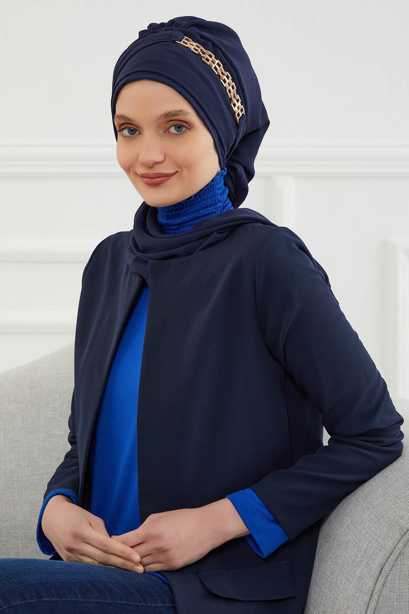 Stylish Instant Turban with Elegant Gold Chain Detail made from High Quality Chiffon Fabric, Breathable Headscarf Turban For Women,HT-28 Navy Blue