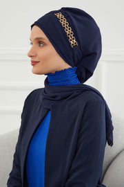 Stylish Instant Turban with Elegant Gold Chain Detail made from High Quality Chiffon Fabric, Breathable Headscarf Turban For Women,HT-28 Navy Blue