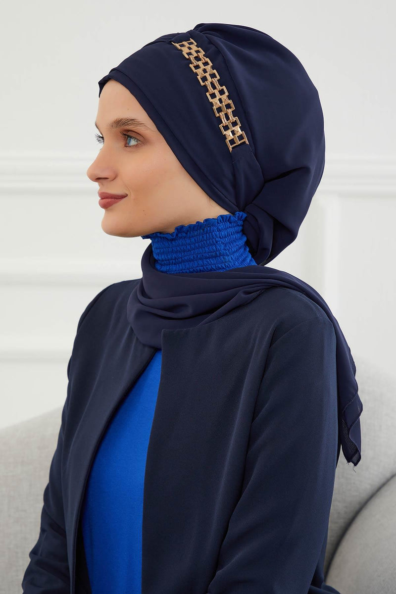 Stylish Instant Turban with Elegant Gold Chain Detail made from High Quality Chiffon Fabric, Breathable Headscarf Turban For Women,HT-28 Navy Blue