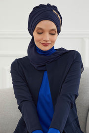 Stylish Instant Turban with Elegant Gold Chain Detail made from High Quality Chiffon Fabric, Breathable Headscarf Turban For Women,HT-28 Navy Blue