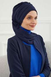 Stylish Instant Turban with Elegant Gold Chain Detail made from High Quality Chiffon Fabric, Breathable Headscarf Turban For Women,HT-28 Navy Blue