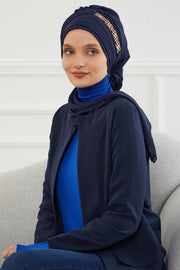 Stylish Instant Turban with Elegant Gold Chain Detail made from High Quality Chiffon Fabric, Breathable Headscarf Turban For Women,HT-28 Navy Blue