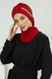 Stylish Instant Turban with Elegant Gold Chain Detail made from High Quality Chiffon Fabric, Breathable Headscarf Turban For Women,HT-28 Red