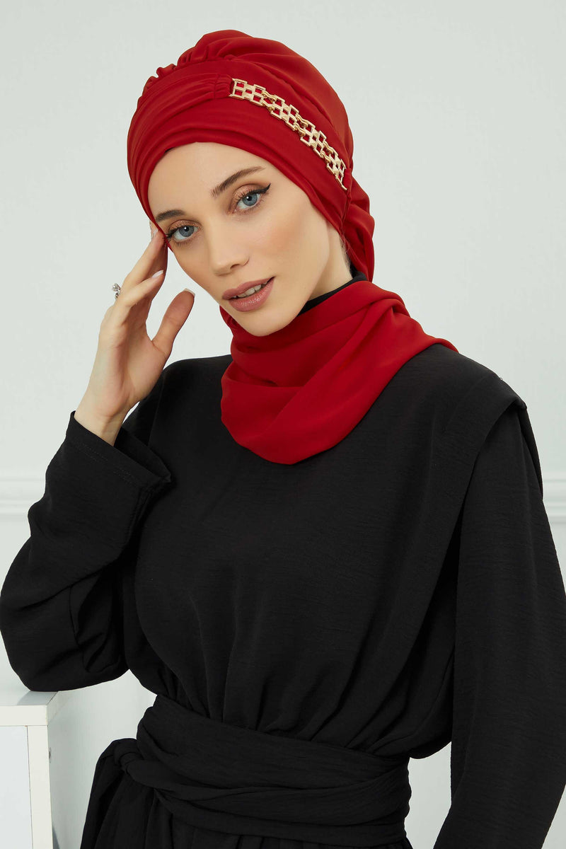 Stylish Instant Turban with Elegant Gold Chain Detail made from High Quality Chiffon Fabric, Breathable Headscarf Turban For Women,HT-28 Red
