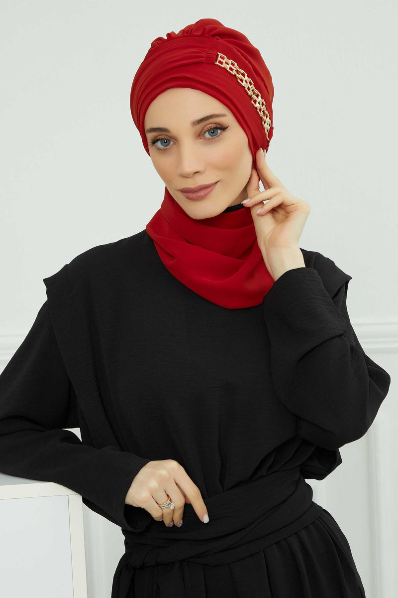 Stylish Instant Turban with Elegant Gold Chain Detail made from High Quality Chiffon Fabric, Breathable Headscarf Turban For Women,HT-28 Red