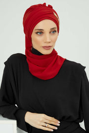 Stylish Instant Turban with Elegant Gold Chain Detail made from High Quality Chiffon Fabric, Breathable Headscarf Turban For Women,HT-28 Red