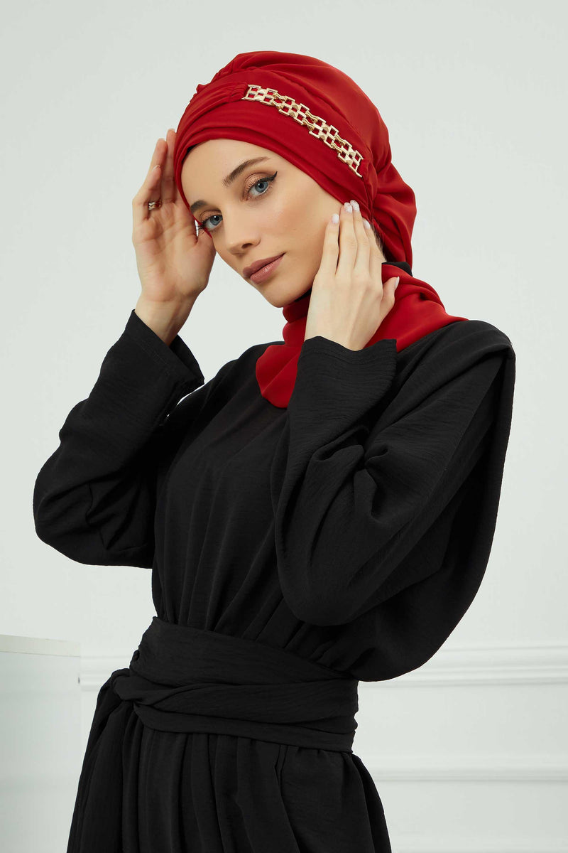 Stylish Instant Turban with Elegant Gold Chain Detail made from High Quality Chiffon Fabric, Breathable Headscarf Turban For Women,HT-28 Red