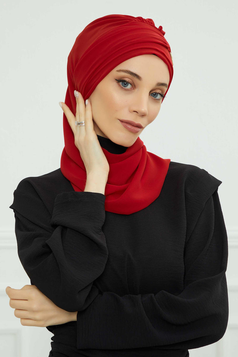 Stylish Instant Turban with Elegant Gold Chain Detail made from High Quality Chiffon Fabric, Breathable Headscarf Turban For Women,HT-28 Red