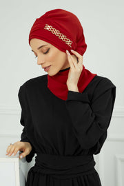 Stylish Instant Turban with Elegant Gold Chain Detail made from High Quality Chiffon Fabric, Breathable Headscarf Turban For Women,HT-28 Red