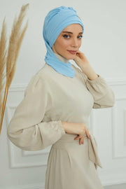Stylish Instant Turban with Elegant Gold Chain Detail made from High Quality Chiffon Fabric, Breathable Headscarf Turban For Women,HT-28 Baby Blue