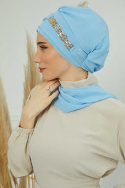 Stylish Instant Turban with Elegant Gold Chain Detail made from High Quality Chiffon Fabric, Breathable Headscarf Turban For Women,HT-28 Baby Blue