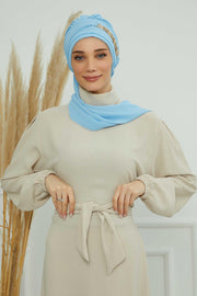 Stylish Instant Turban with Elegant Gold Chain Detail made from High Quality Chiffon Fabric, Breathable Headscarf Turban For Women,HT-28 Baby Blue