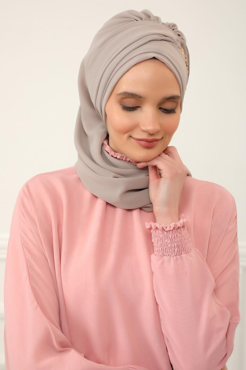 Stylish Instant Turban with Elegant Gold Chain Detail made from High Quality Chiffon Fabric, Breathable Headscarf Turban For Women,HT-28 Mink