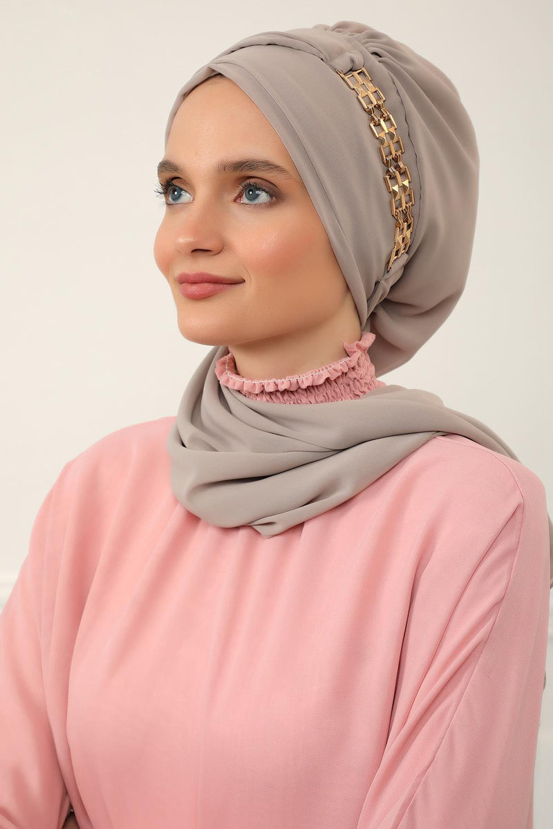 Stylish Instant Turban with Elegant Gold Chain Detail made from High Quality Chiffon Fabric, Breathable Headscarf Turban For Women,HT-28 Mink