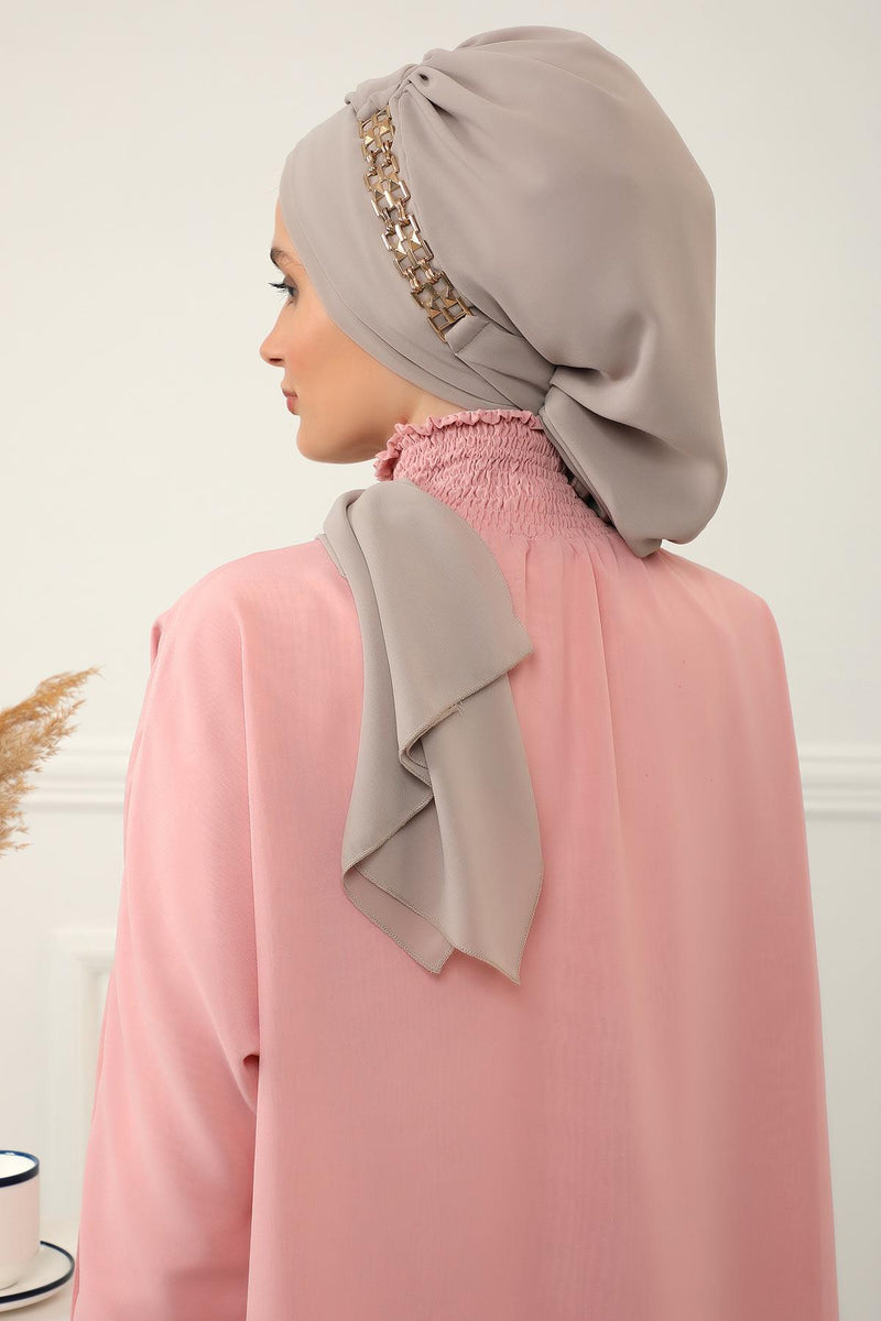 Stylish Instant Turban with Elegant Gold Chain Detail made from High Quality Chiffon Fabric, Breathable Headscarf Turban For Women,HT-28 Mink