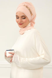 Stylish Instant Turban with Elegant Gold Chain Detail made from High Quality Chiffon Fabric, Breathable Headscarf Turban For Women,HT-28 Beige