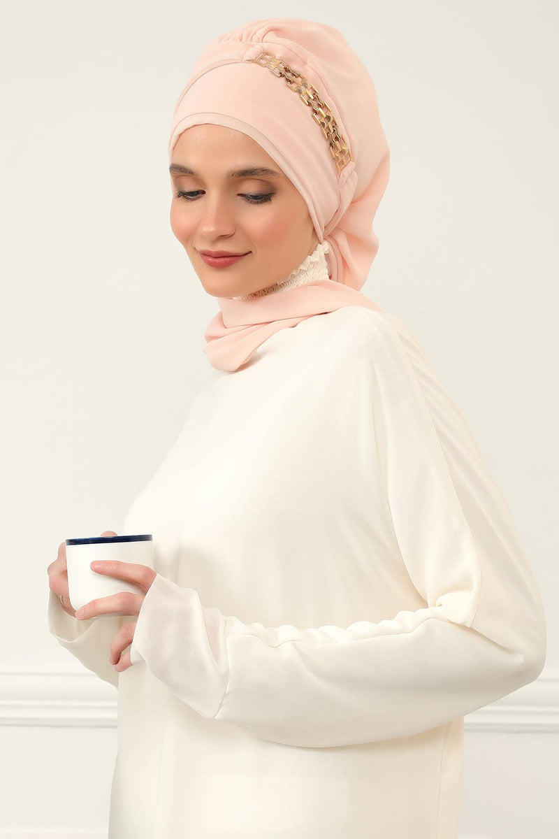 Stylish Instant Turban with Elegant Gold Chain Detail made from High Quality Chiffon Fabric, Breathable Headscarf Turban For Women,HT-28 Beige