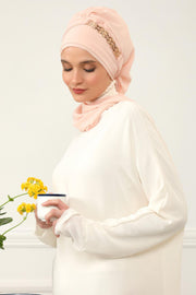 Stylish Instant Turban with Elegant Gold Chain Detail made from High Quality Chiffon Fabric, Breathable Headscarf Turban For Women,HT-28 Beige