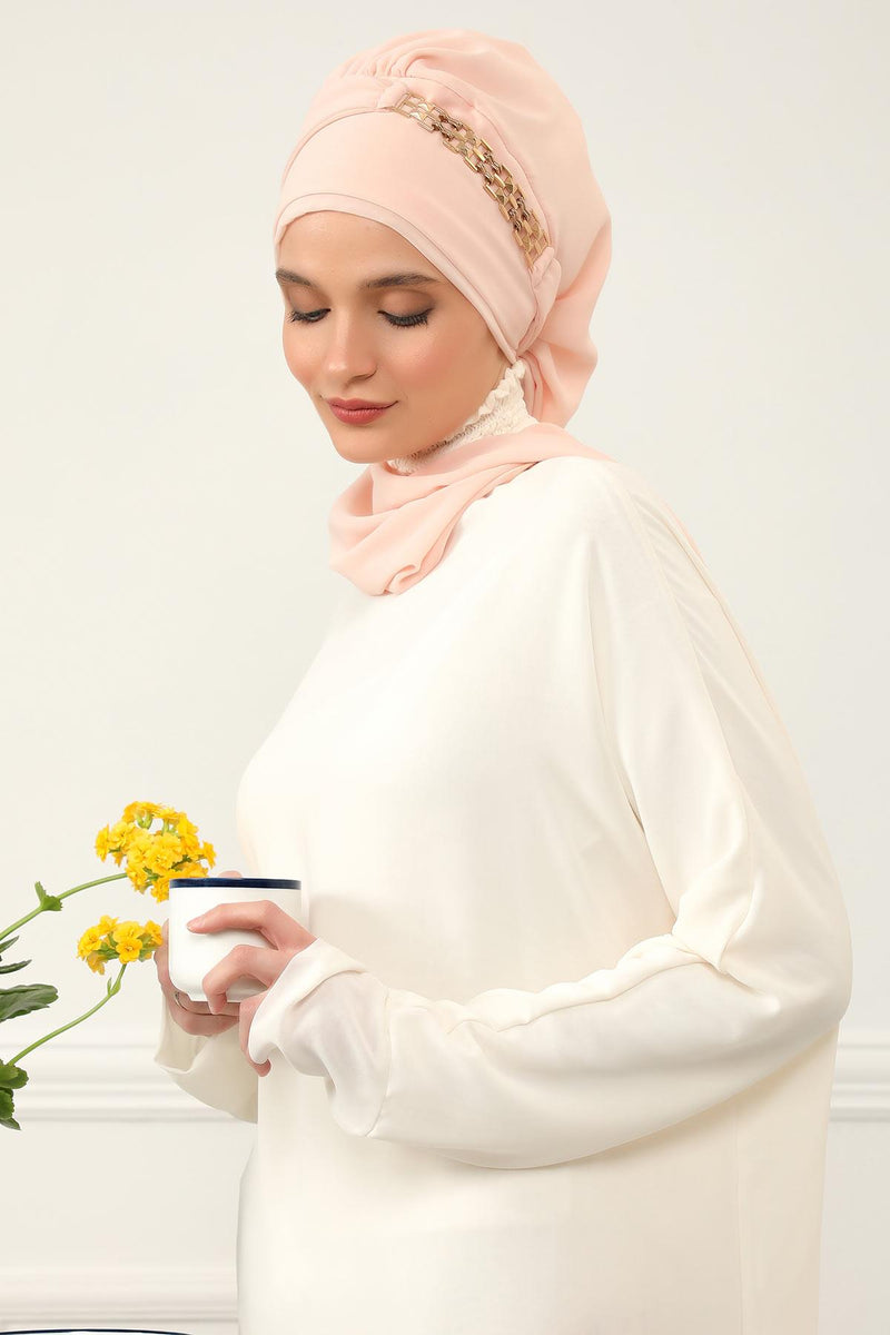 Stylish Instant Turban with Elegant Gold Chain Detail made from High Quality Chiffon Fabric, Breathable Headscarf Turban For Women,HT-28 Beige