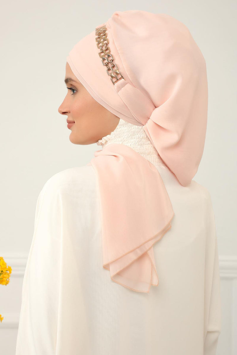 Stylish Instant Turban with Elegant Gold Chain Detail made from High Quality Chiffon Fabric, Breathable Headscarf Turban For Women,HT-28 Beige
