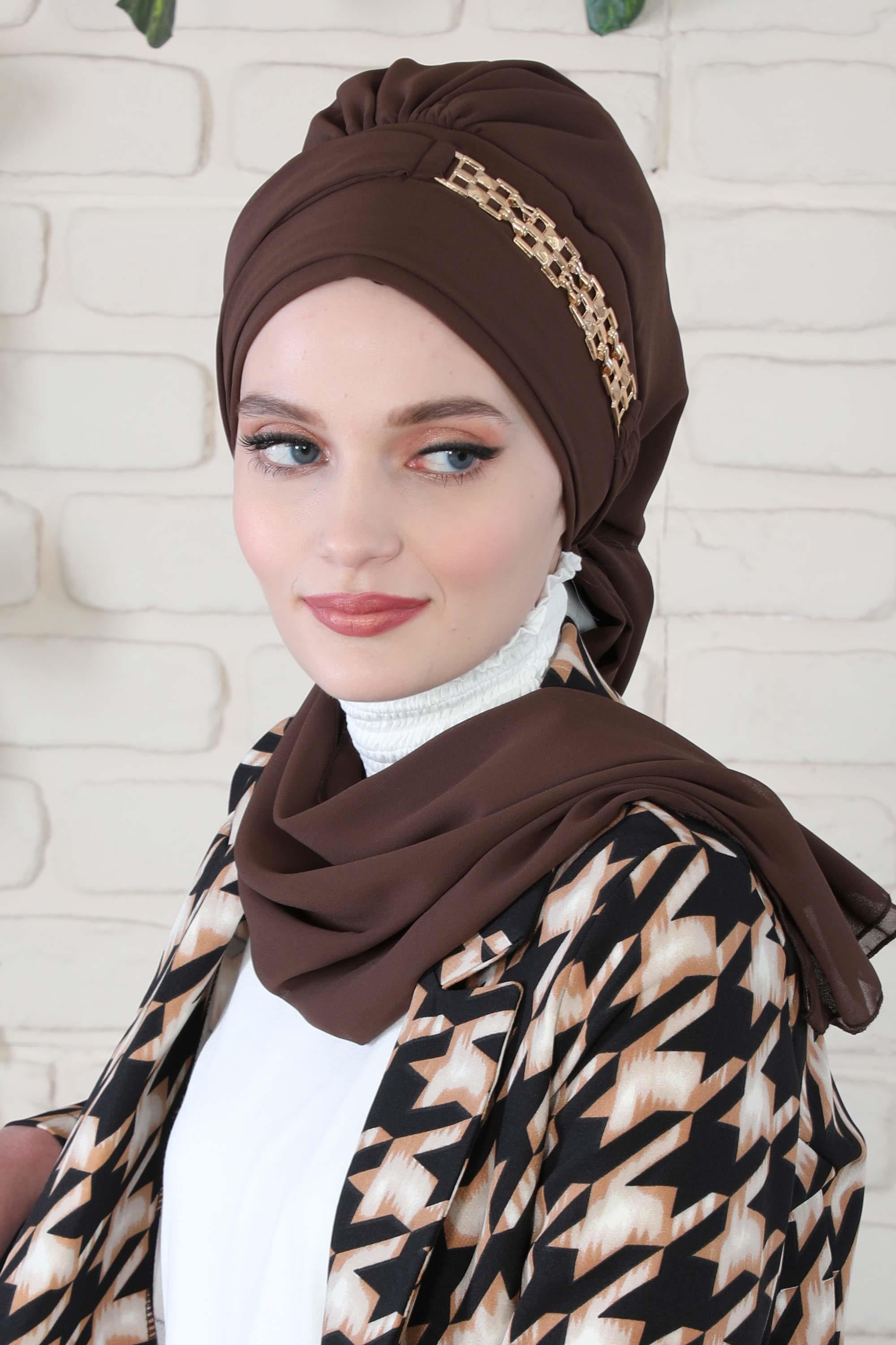 Stylish Instant Turban with Elegant Gold Chain Detail made from High Quality Chiffon Fabric, Breathable Headscarf Turban For Women,HT-28 Brown