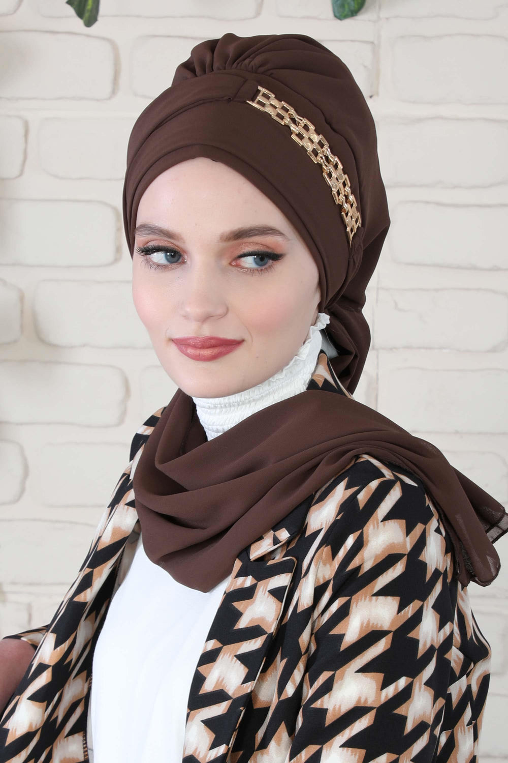 Stylish Instant Turban with Elegant Gold Chain Detail made from High Quality Chiffon Fabric, Breathable Headscarf Turban For Women,HT-28 Brown