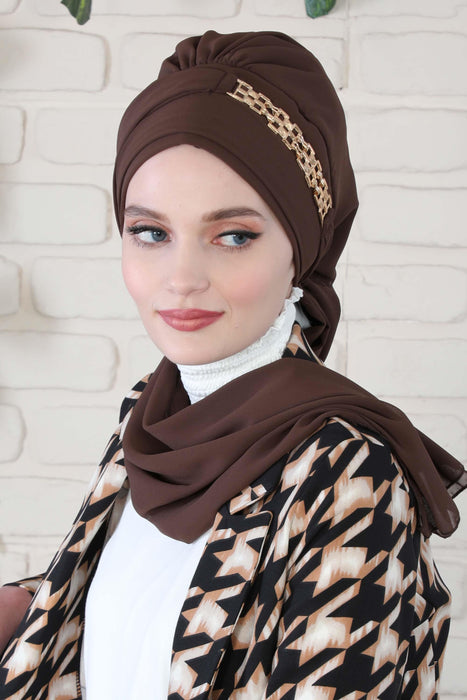 Stylish Instant Turban with Elegant Gold Chain Detail made from High Quality Chiffon Fabric, Breathable Headscarf Turban For Women,HT-28
