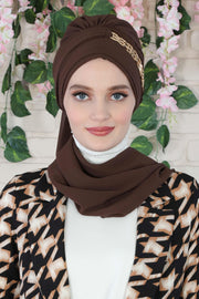 Stylish Instant Turban with Elegant Gold Chain Detail made from High Quality Chiffon Fabric, Breathable Headscarf Turban For Women,HT-28 Brown