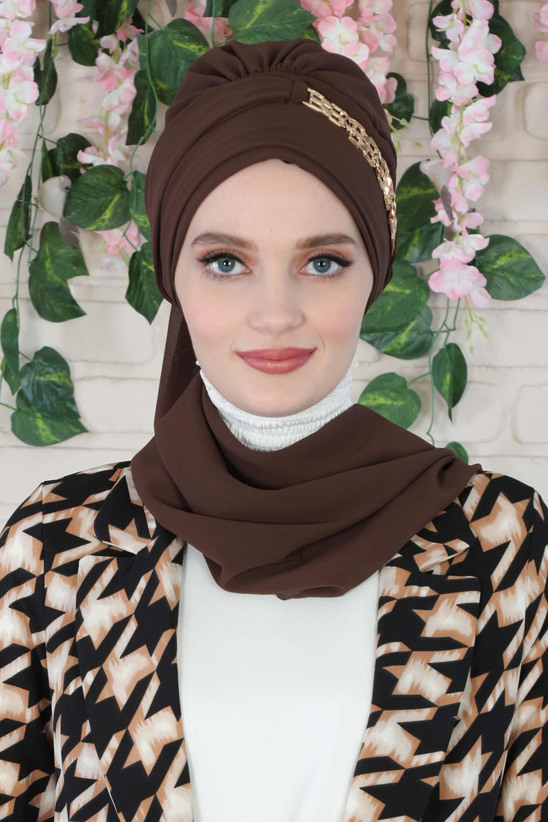 Stylish Instant Turban with Elegant Gold Chain Detail made from High Quality Chiffon Fabric, Breathable Headscarf Turban For Women,HT-28 Brown