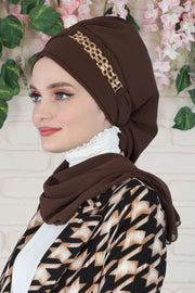 Stylish Instant Turban with Elegant Gold Chain Detail made from High Quality Chiffon Fabric, Breathable Headscarf Turban For Women,HT-28 Brown