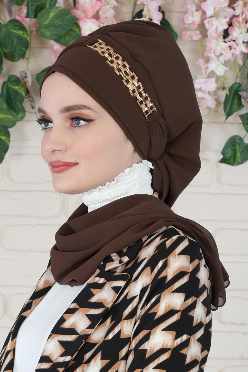 Stylish Instant Turban with Elegant Gold Chain Detail made from High Quality Chiffon Fabric, Breathable Headscarf Turban For Women,HT-28 Brown