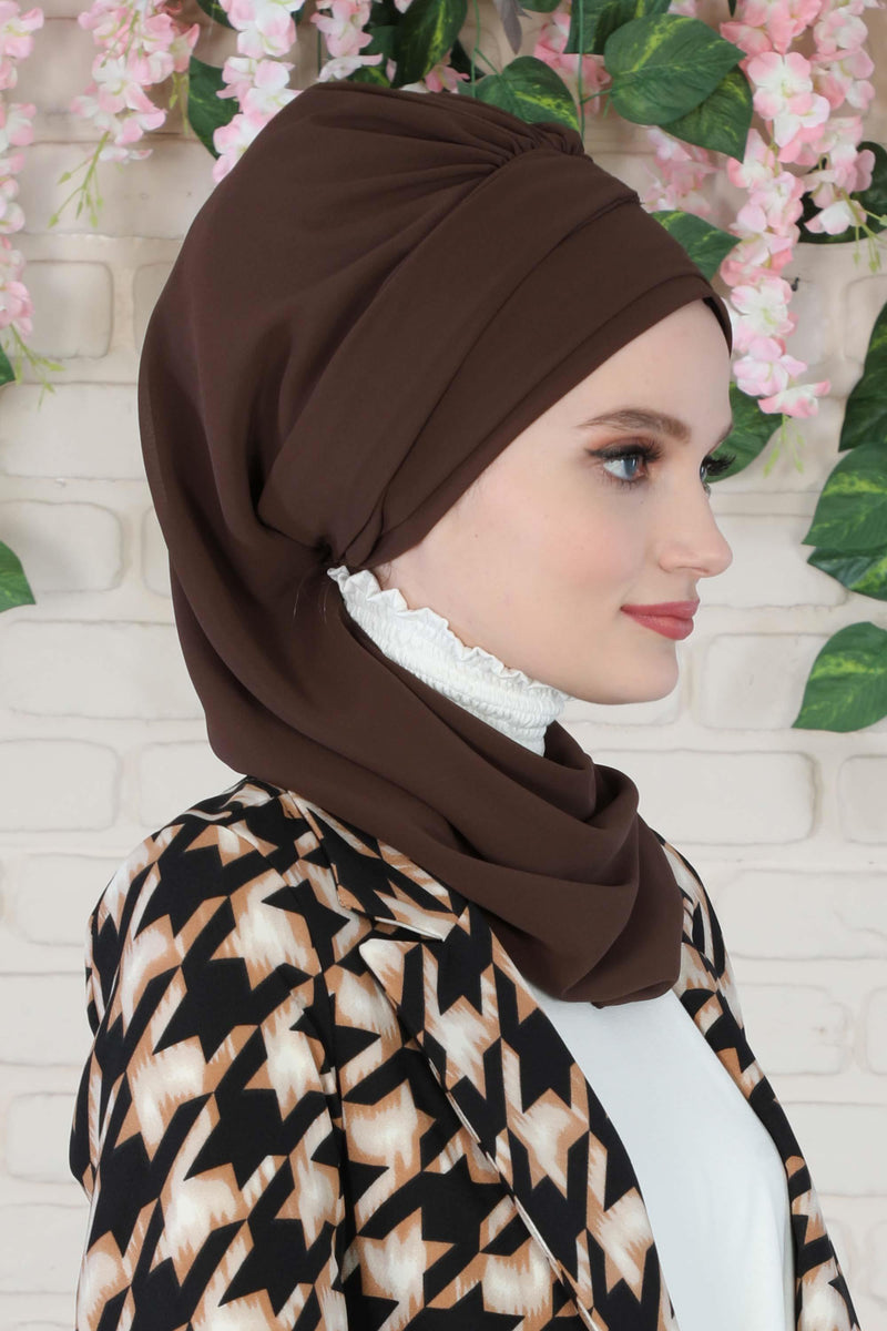 Stylish Instant Turban with Elegant Gold Chain Detail made from High Quality Chiffon Fabric, Breathable Headscarf Turban For Women,HT-28 Brown