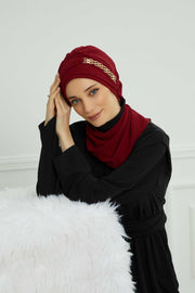Stylish Instant Turban with Elegant Gold Chain Detail made from High Quality Chiffon Fabric, Breathable Headscarf Turban For Women,HT-28 Maroon