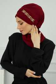 Stylish Instant Turban with Elegant Gold Chain Detail made from High Quality Chiffon Fabric, Breathable Headscarf Turban For Women,HT-28 Maroon