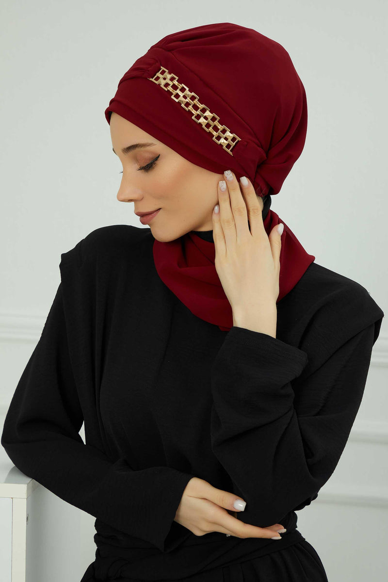 Stylish Instant Turban with Elegant Gold Chain Detail made from High Quality Chiffon Fabric, Breathable Headscarf Turban For Women,HT-28 Maroon