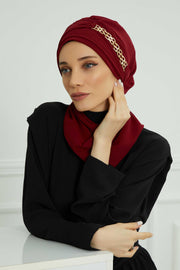 Stylish Instant Turban with Elegant Gold Chain Detail made from High Quality Chiffon Fabric, Breathable Headscarf Turban For Women,HT-28 Maroon