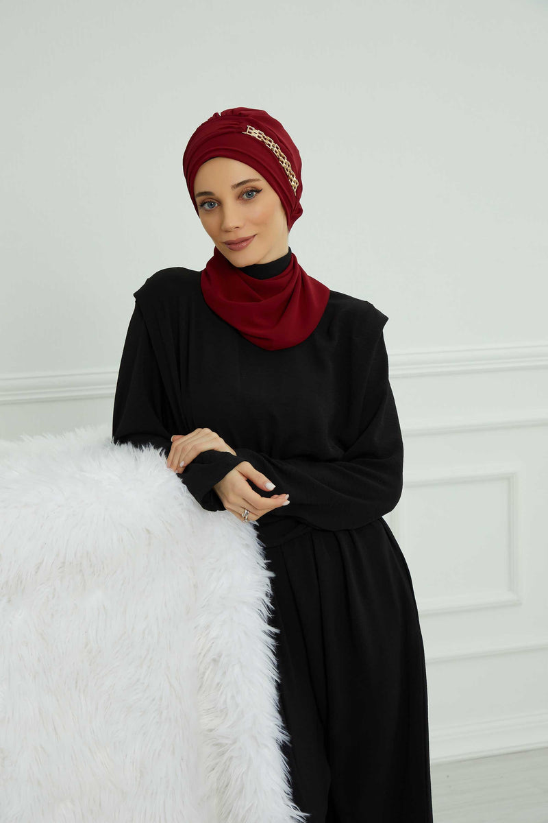 Stylish Instant Turban with Elegant Gold Chain Detail made from High Quality Chiffon Fabric, Breathable Headscarf Turban For Women,HT-28 Maroon
