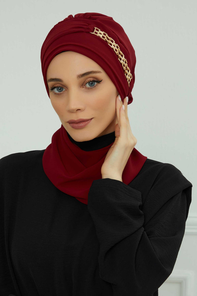 Stylish Instant Turban with Elegant Gold Chain Detail made from High Quality Chiffon Fabric, Breathable Headscarf Turban For Women,HT-28 Maroon