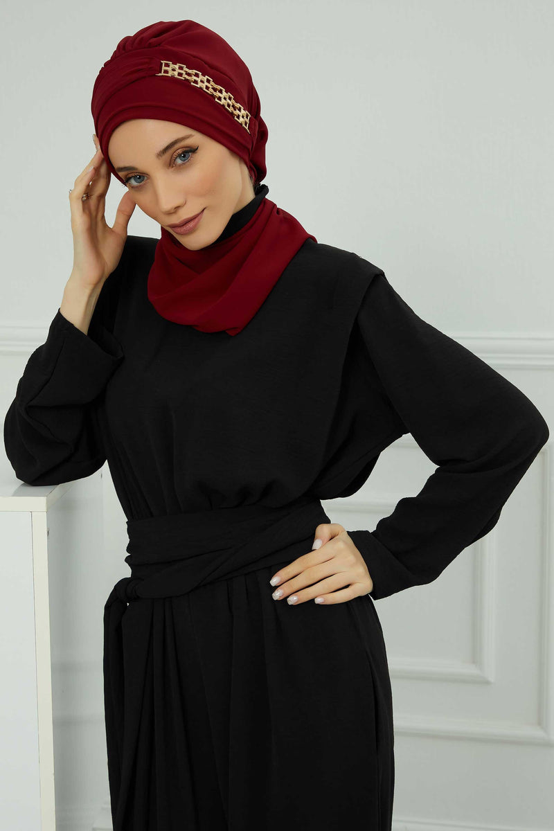 Stylish Instant Turban with Elegant Gold Chain Detail made from High Quality Chiffon Fabric, Breathable Headscarf Turban For Women,HT-28 Maroon