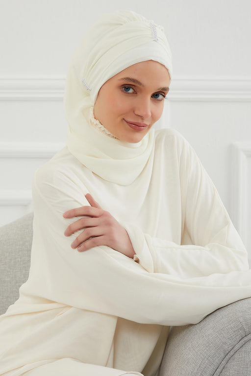 Instant Turban Lightweight Chiffon Scarf Head Turbans For Women with Unique Stone Accessories Headwear Stylish Elegant Design,HT-51 Ivory