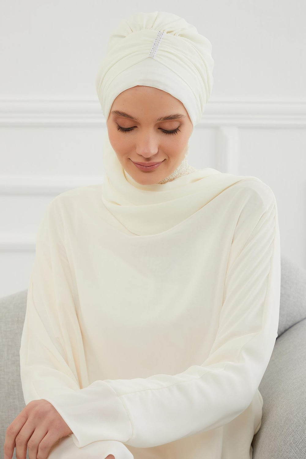 Instant Turban Lightweight Chiffon Scarf Head Turbans For Women with Unique Stone Accessories Headwear Stylish Elegant Design,HT-51 Ivory