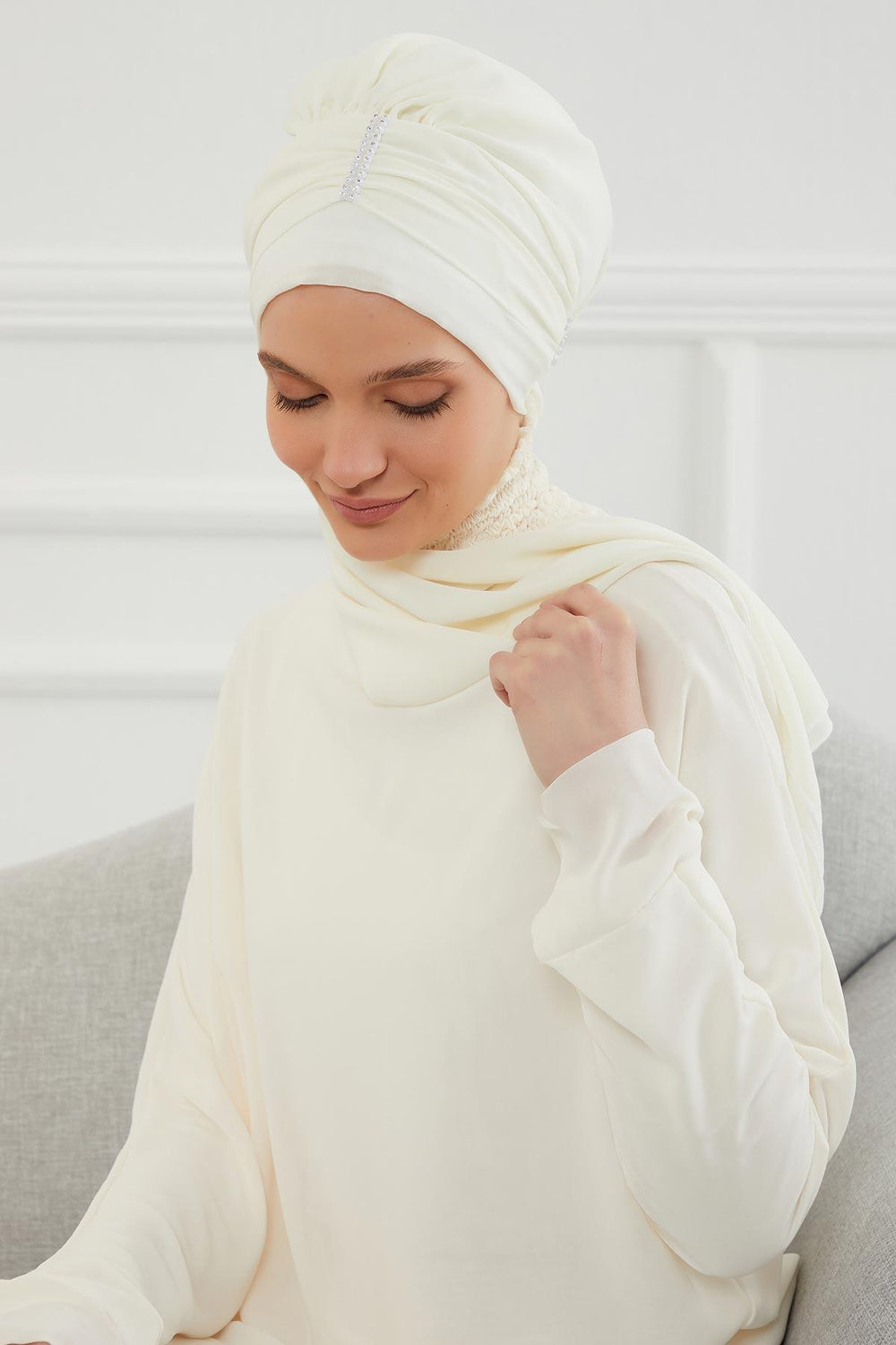 Instant Turban Lightweight Chiffon Scarf Head Turbans For Women with Unique Stone Accessories Headwear Stylish Elegant Design,HT-51 Ivory