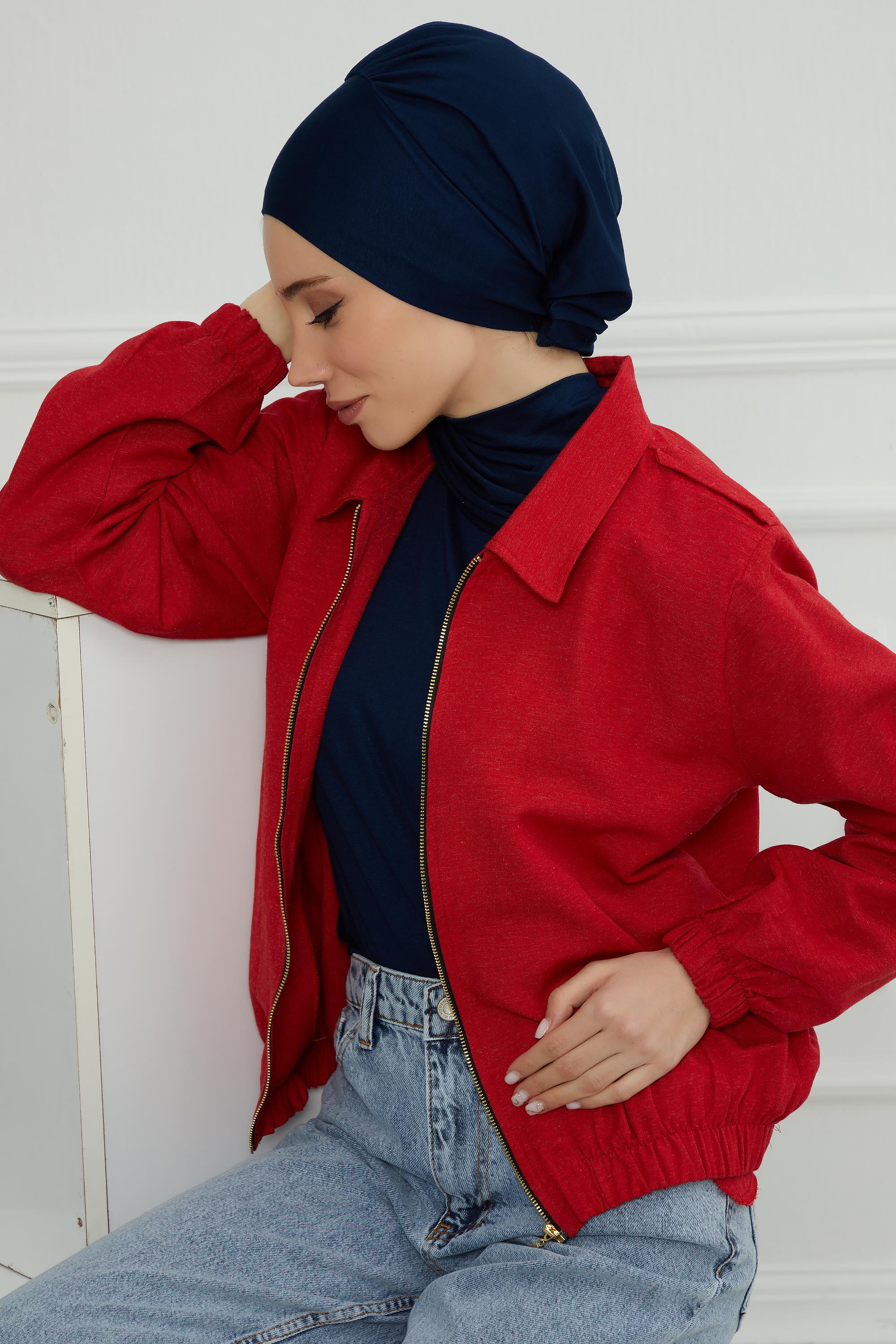 Ready to Wear Cotton Hijab Turban, Lightweight Pre-Tied Headscarf with Lycra, Easy Slip-On Modest Head Cover,HT-96 Navy Blue