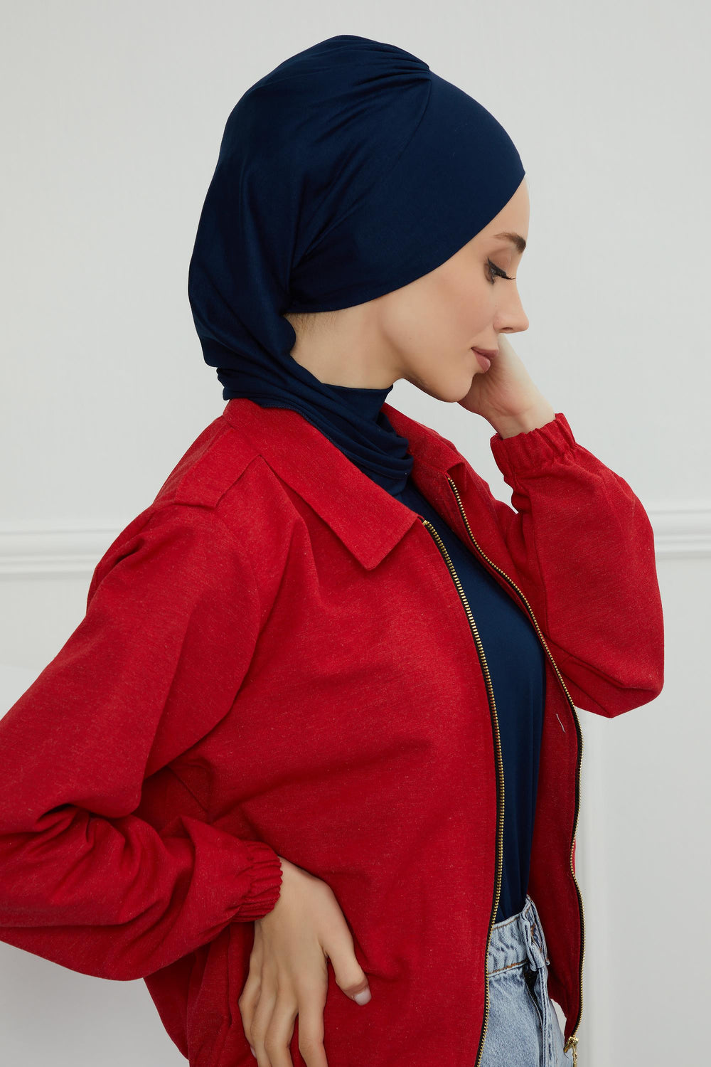 Ready to Wear Cotton Hijab Turban, Lightweight Pre-Tied Headscarf with Lycra, Easy Slip-On Modest Head Cover,HT-96 Navy Blue