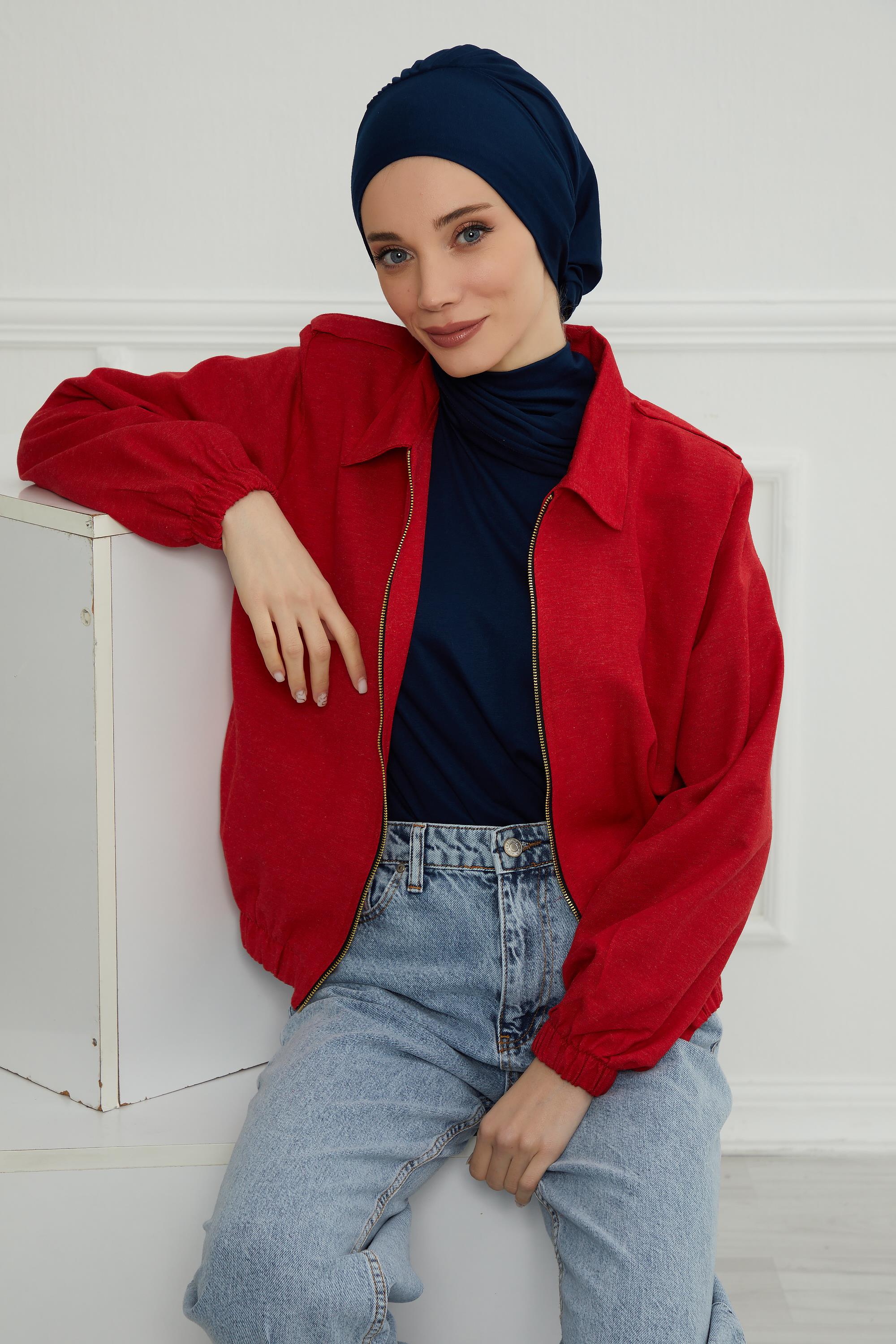 Ready to Wear Cotton Hijab Turban, Lightweight Pre-Tied Headscarf with Lycra, Easy Slip-On Modest Head Cover,HT-96 Navy Blue