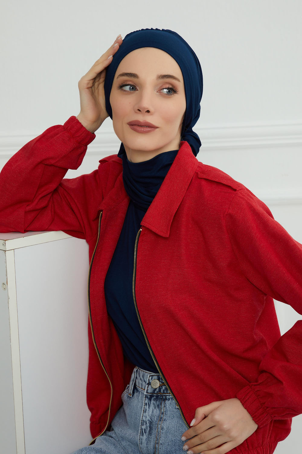 Ready to Wear Cotton Hijab Turban, Lightweight Pre-Tied Headscarf with Lycra, Easy Slip-On Modest Head Cover,HT-96 Navy Blue