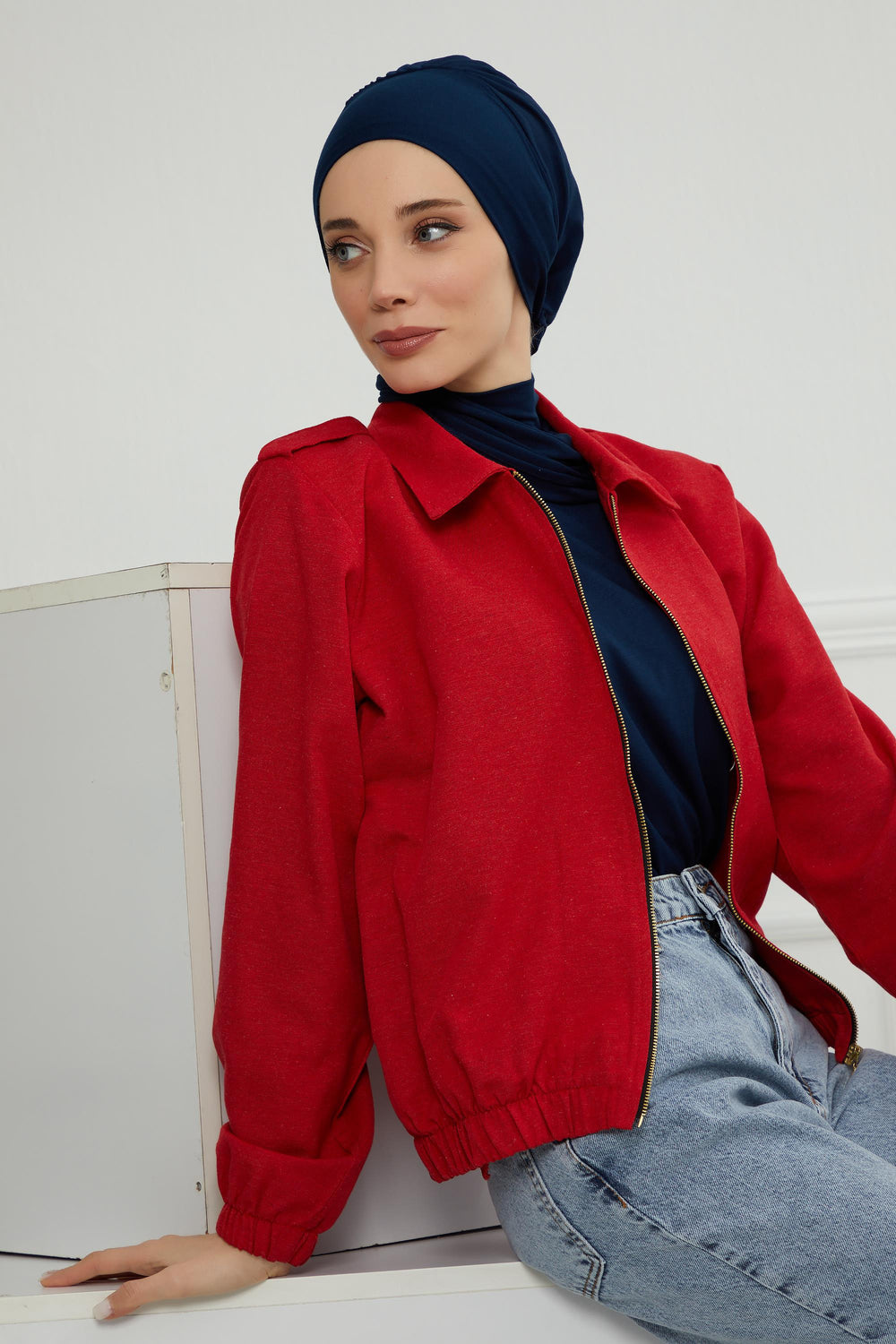 Ready to Wear Cotton Hijab Turban, Lightweight Pre-Tied Headscarf with Lycra, Easy Slip-On Modest Head Cover,HT-96 Navy Blue